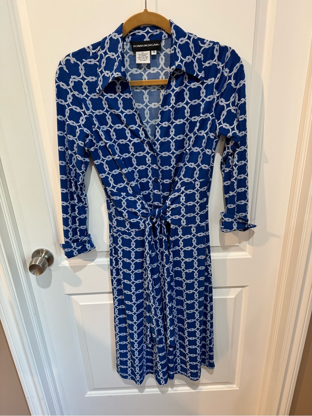 Donna Morgan Royal Blue Chain-Print Wrap Dress